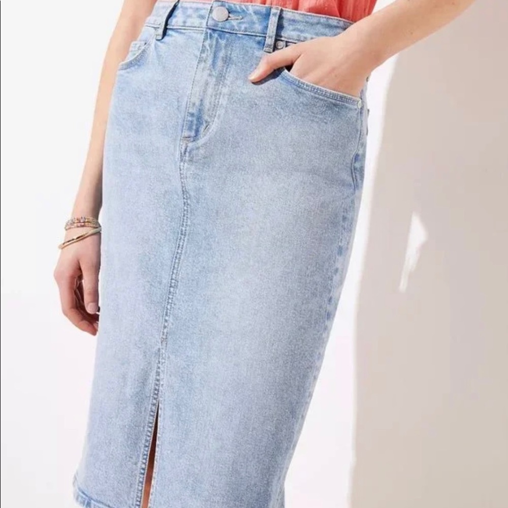 LOFT Midi Denim Jean Pencil Skirt High Waisted Neutral Center Slit